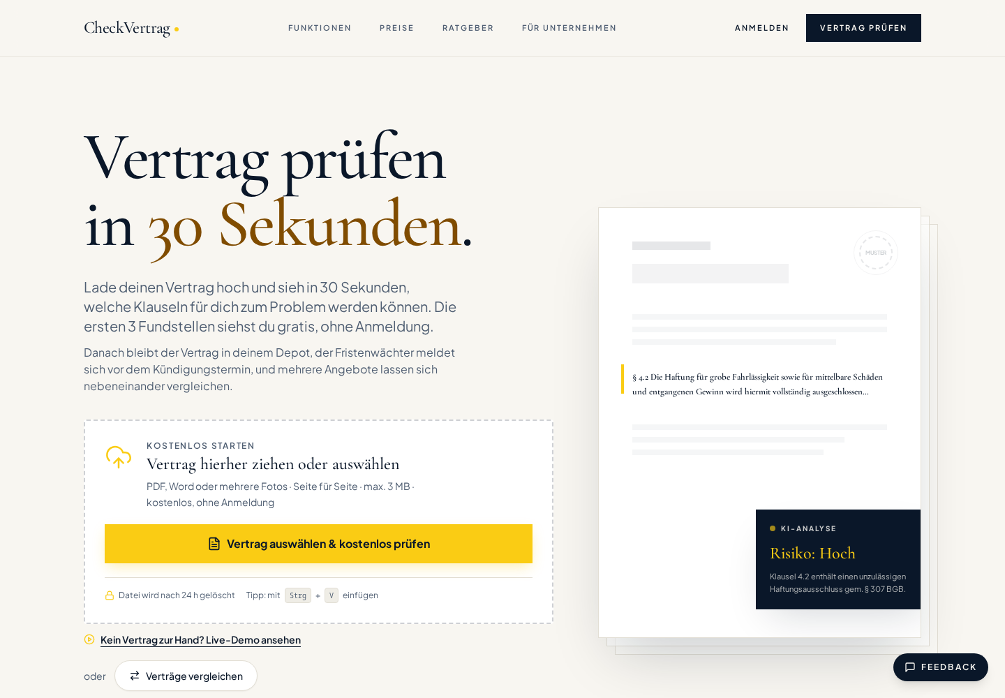 CheckVertrag – Oberfläche der KI-Vertragsprüfung mit Vertrags-Upload