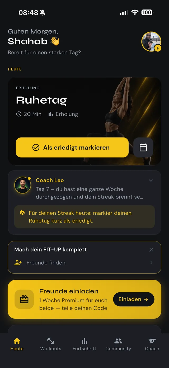 FIT-UP Me Startansicht mit Tageszielen