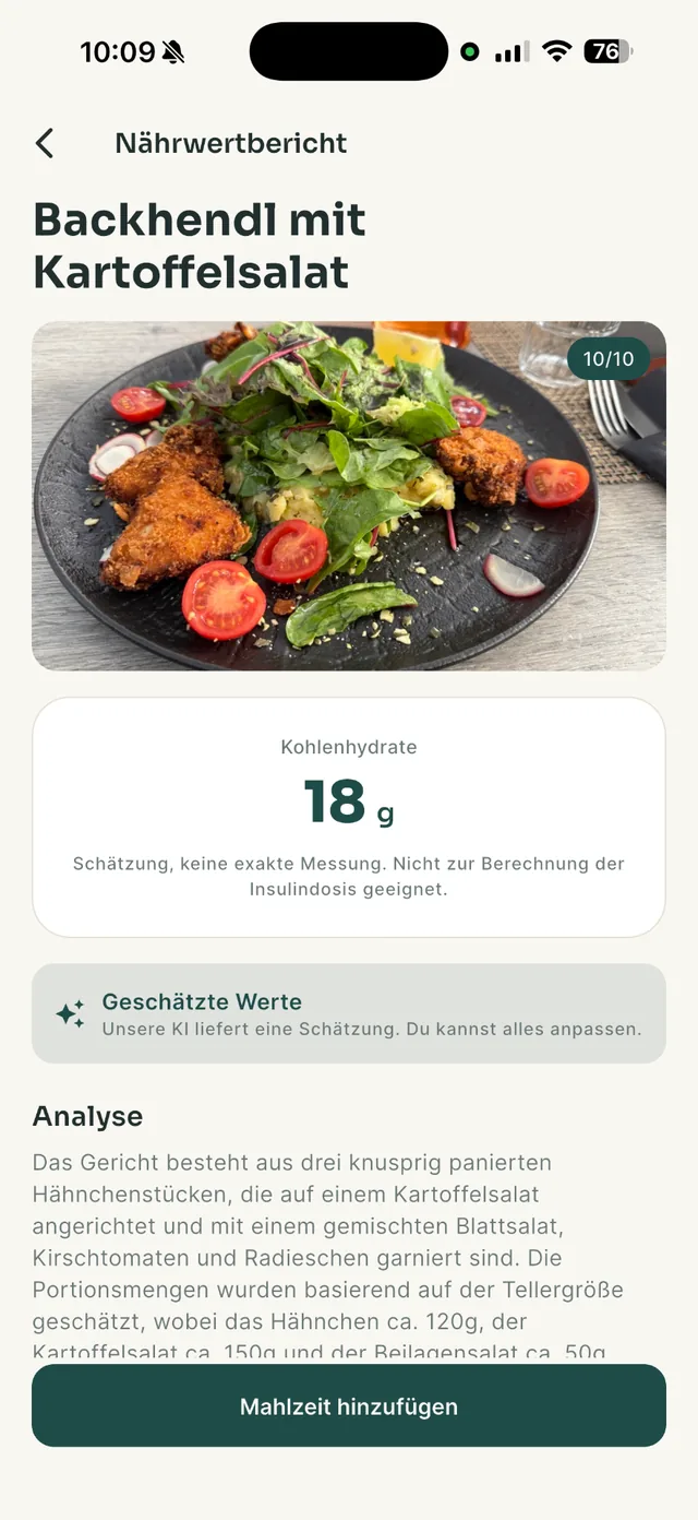 Glucido Nährwertanalyse einer Mahlzeit