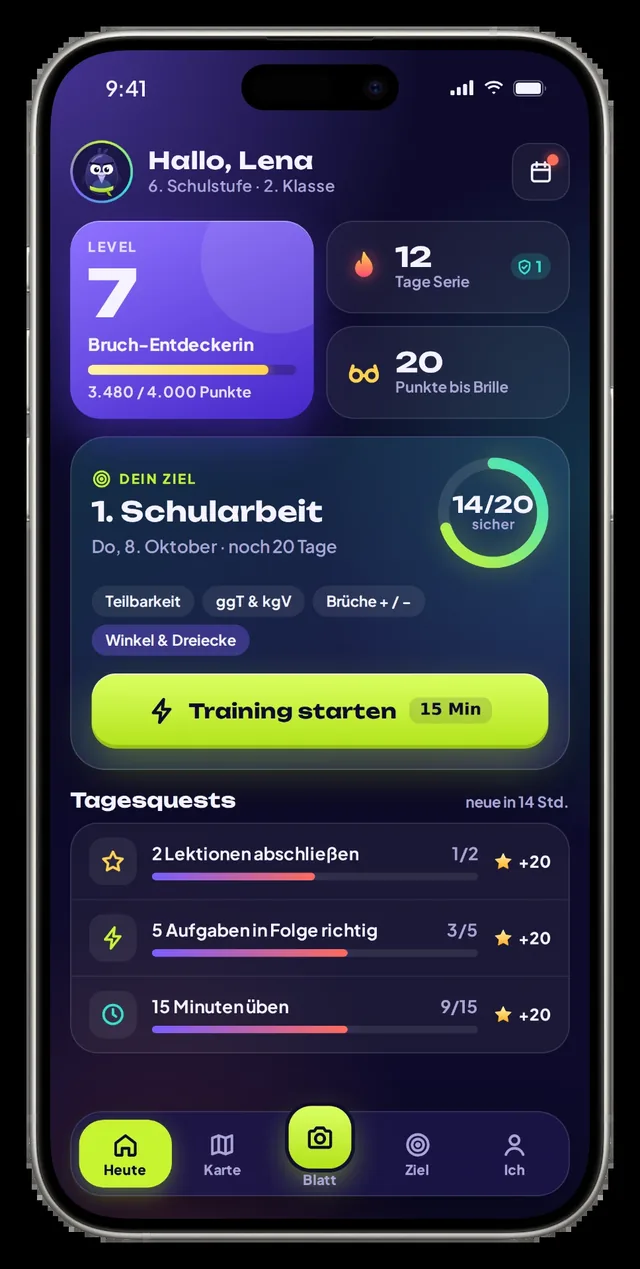 Mathalo Startansicht mit Level, Tagesquests und Schularbeit-Ziel