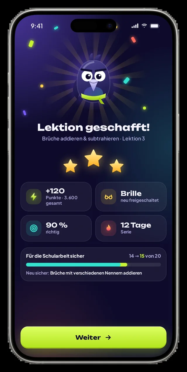 Mathalo Lernfortschritt nach abgeschlossener Lektion