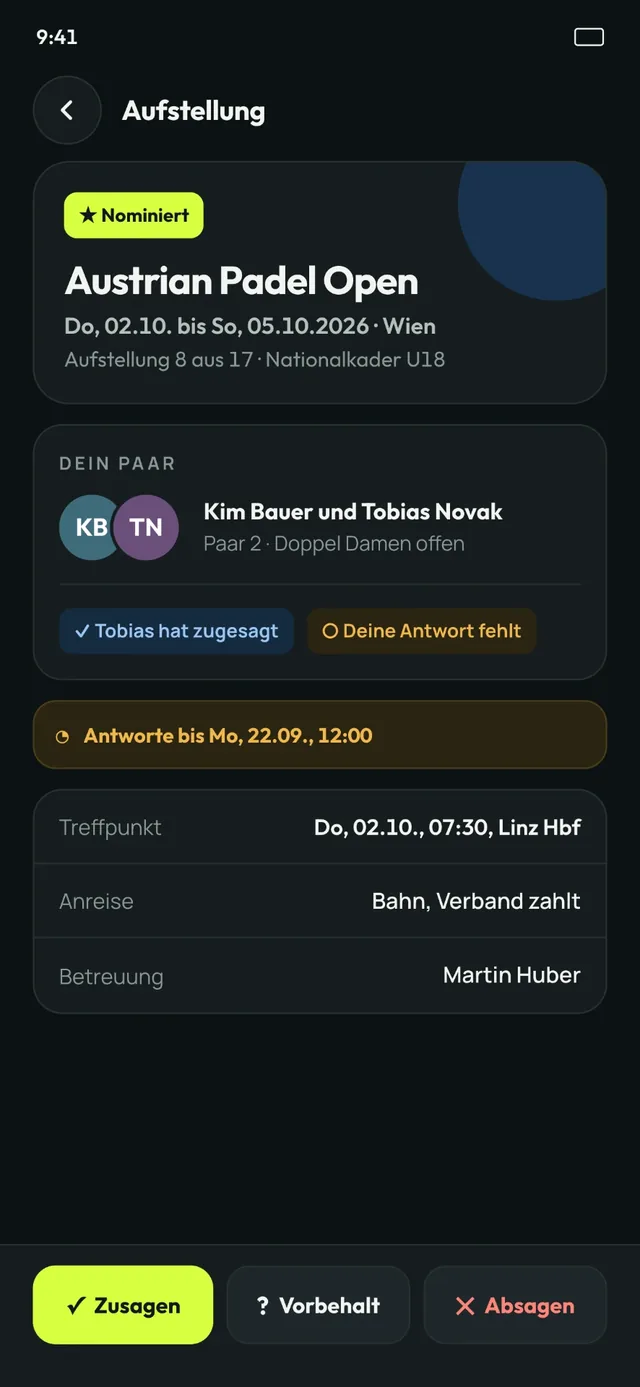 Padster Aufstellung mit Nominierten und Antwort-Status