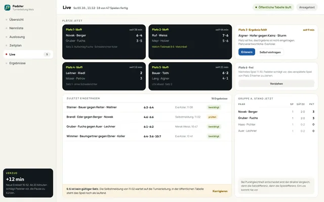 Padster Desktop-Turnierzentrale mit Live-Courts, Ergebnissen und Gruppenstand