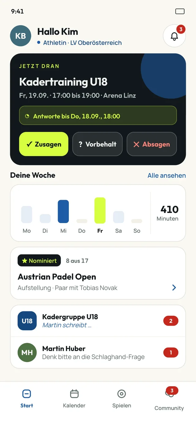 Padster Startansicht mit anstehendem Training und Wochenübersicht
