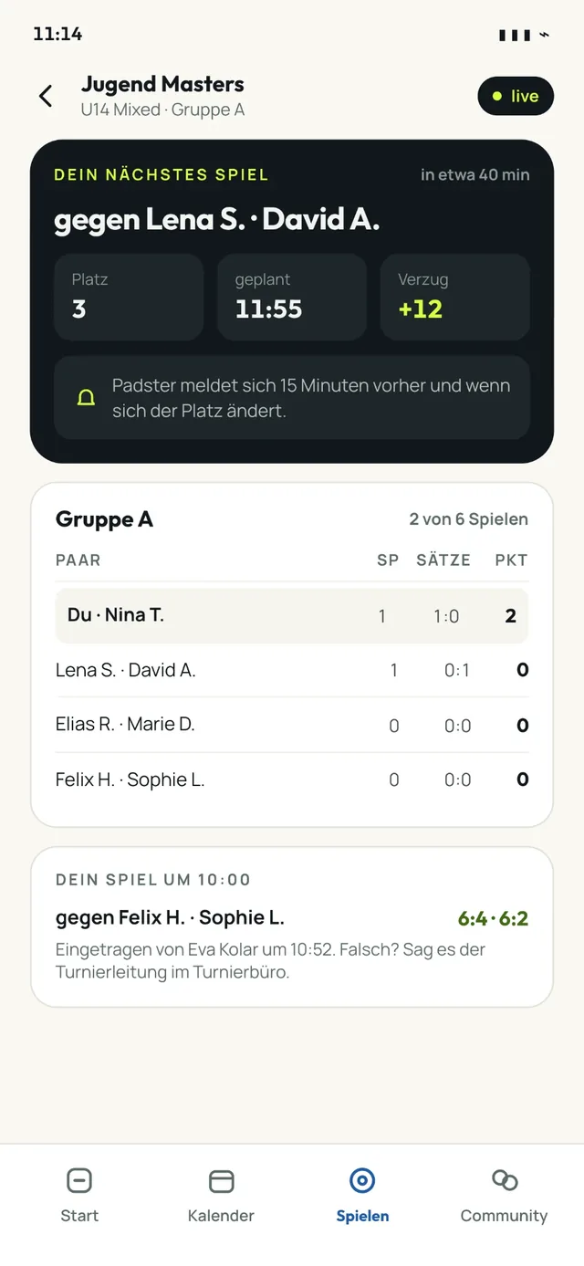 Padster Live-Turnierstatus mit nächstem Spiel und Gruppenstand