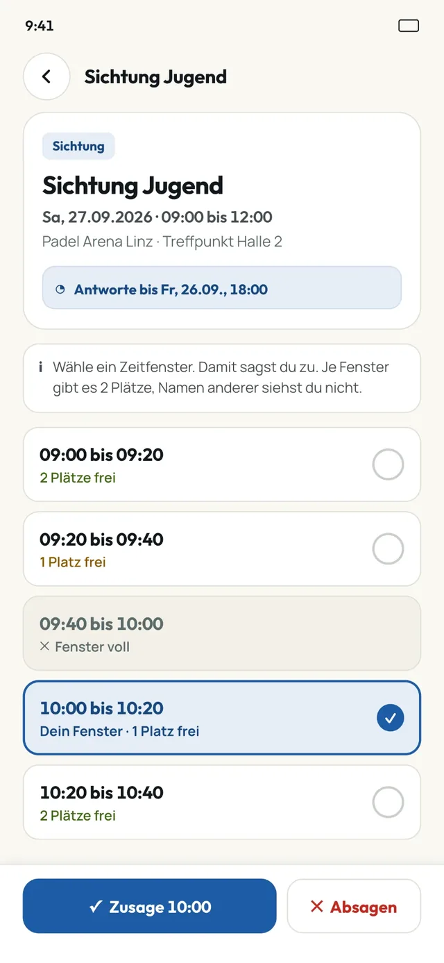 Padster Zeitfenster-Auswahl für Sichtung